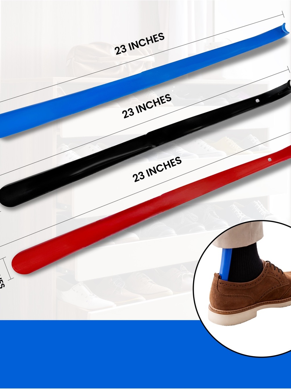 23-Inch Men’s Long Handled Shoe Horn - Blue, Black, Red